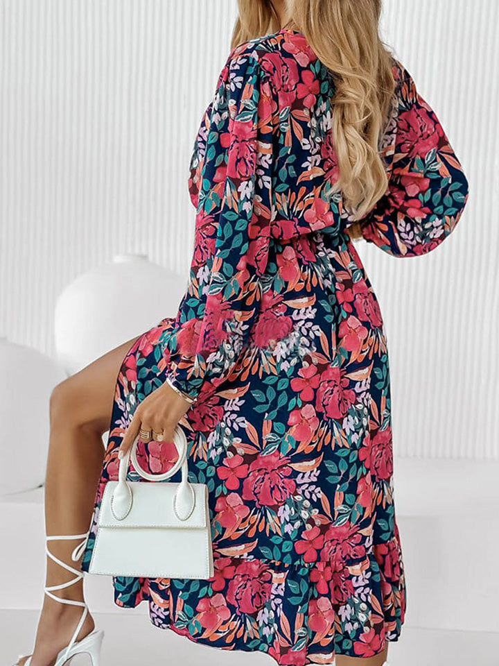 Printed Long Sleeve Slit Dress Trendsi