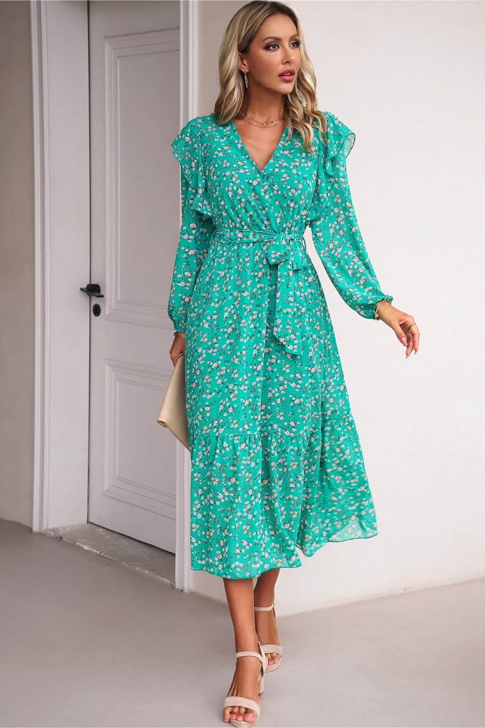 Surplice Neck Balloon Sleeve Midi Dress Trendsi