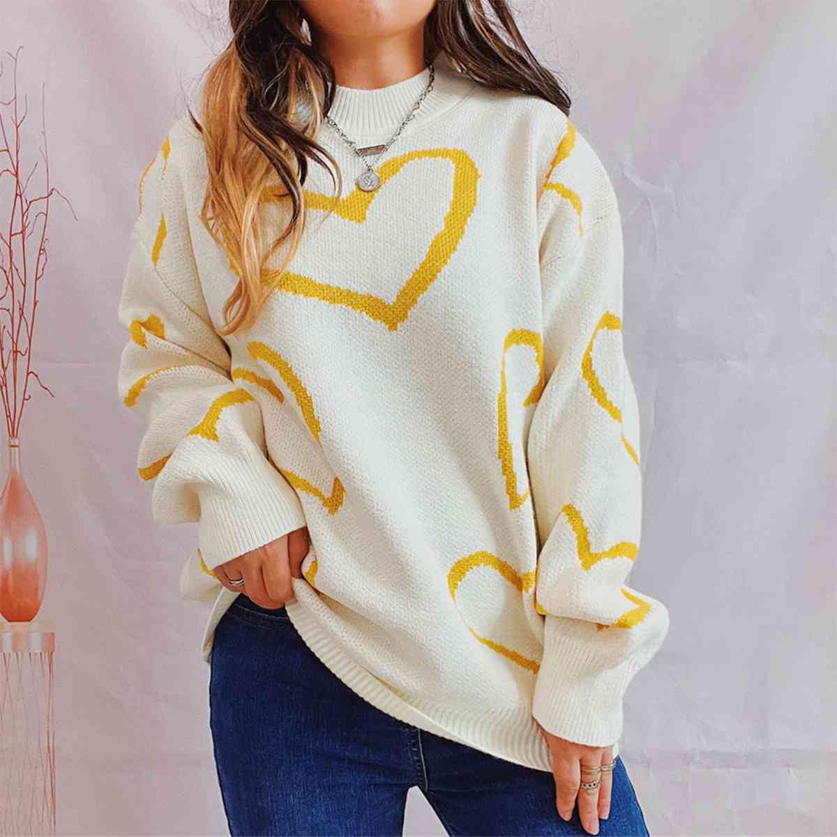Heart Pattern Long Sleeve Sweater Trendsi