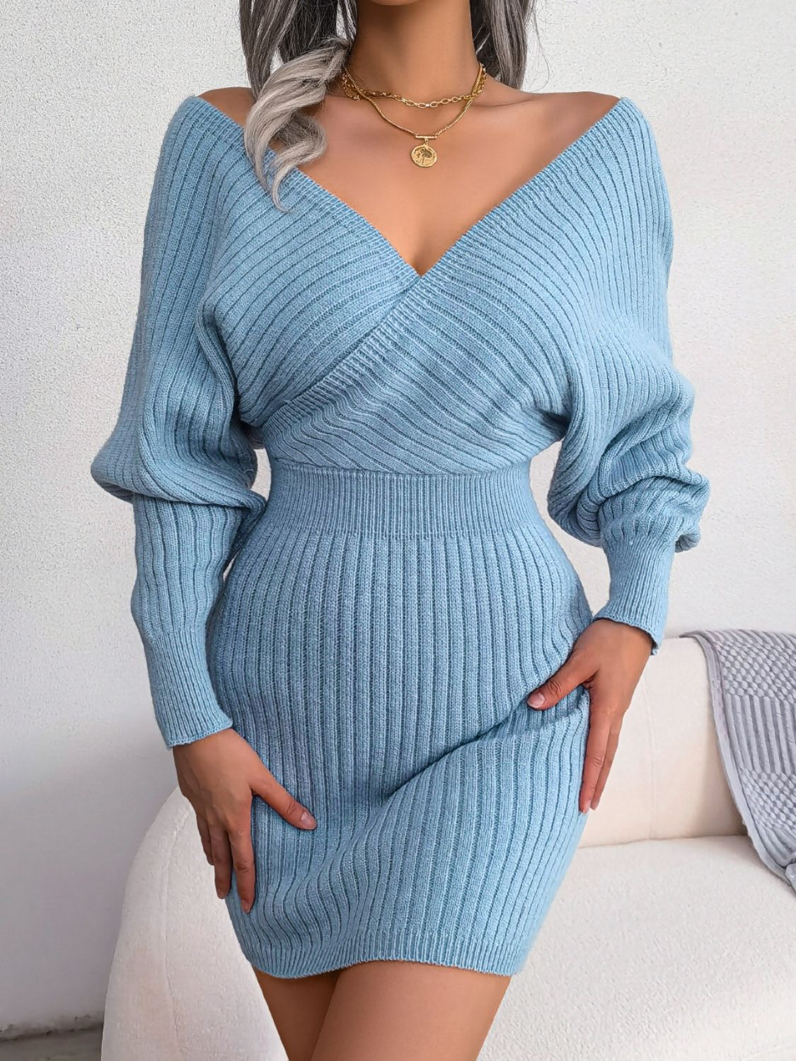 Rib-Knit Dolman Sleeve Sweater Dress Trendsi