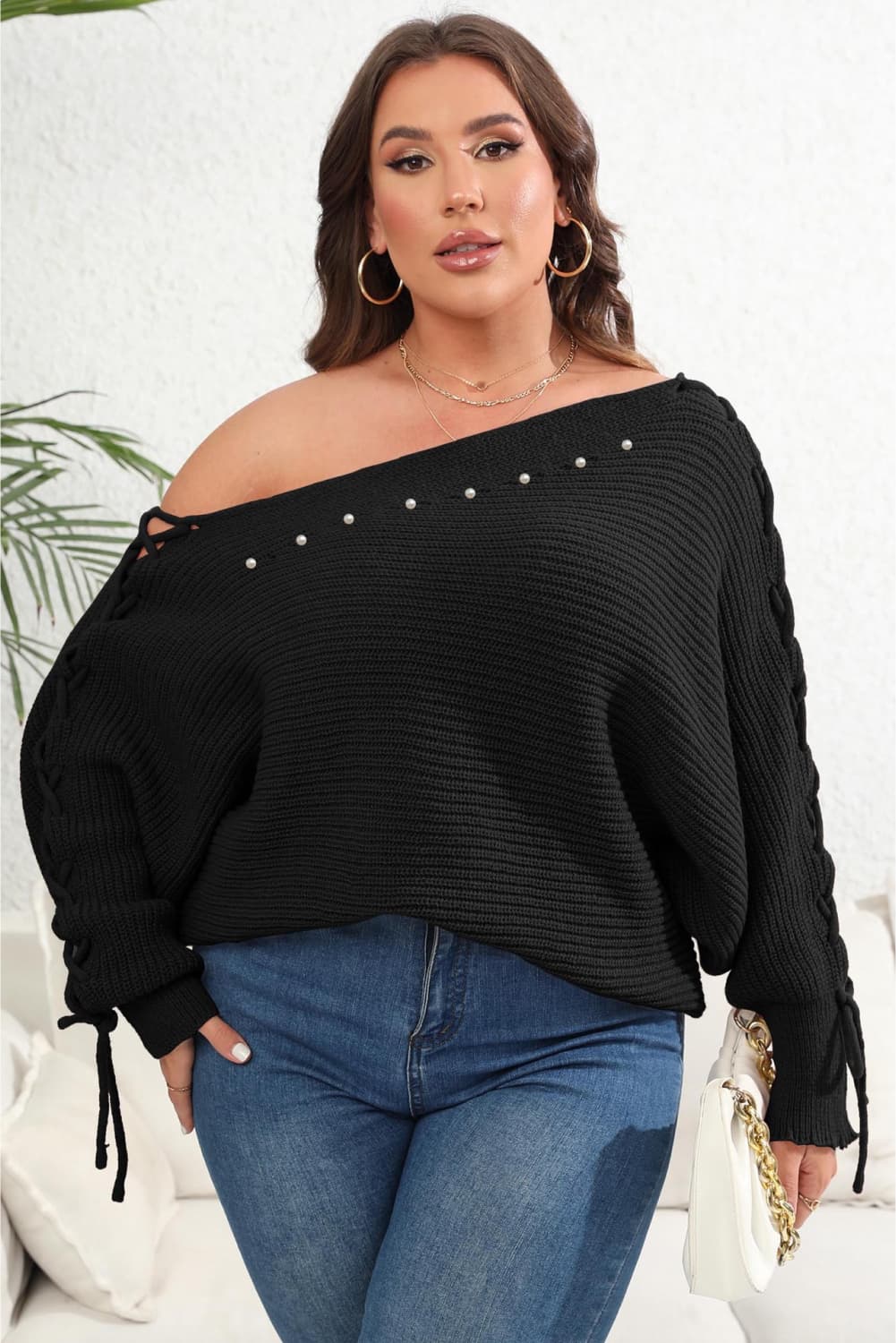 Plus Size One Shoulder Beaded Sweater Trendsi
