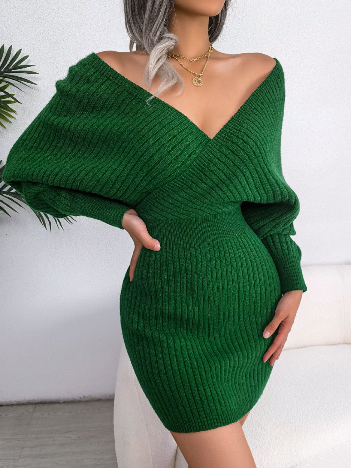 Rib-Knit Dolman Sleeve Sweater Dress Trendsi