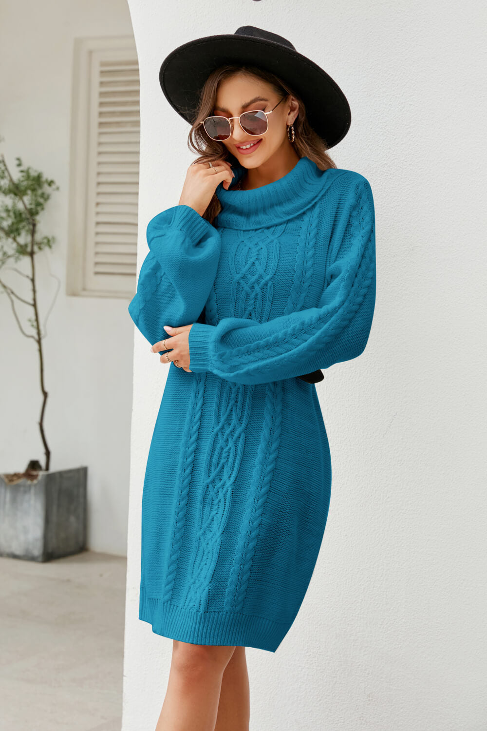 Woven Right Mixed Knit Turtleneck Lantern Sleeve Sweater Dress Trendsi