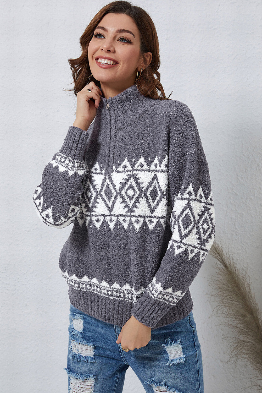 Zip-Up Geometrical Pattern Pullover Sweater Trendsi