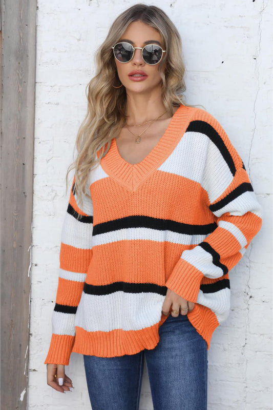 Color Block V-Neck Dropped Shoulder Sweater Trendsi