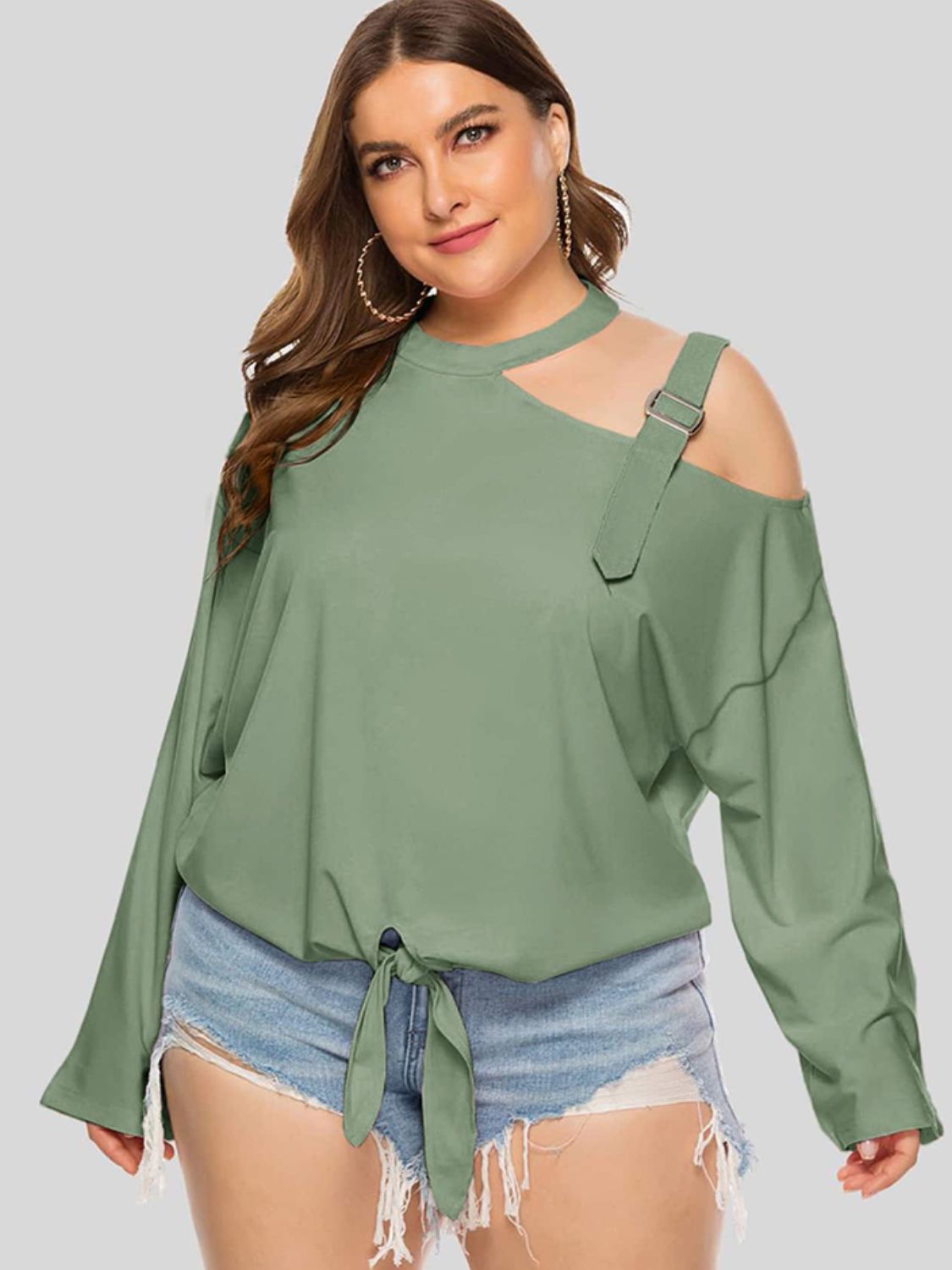 Plus Size Cold-Shoulder Tied Top Trendsi