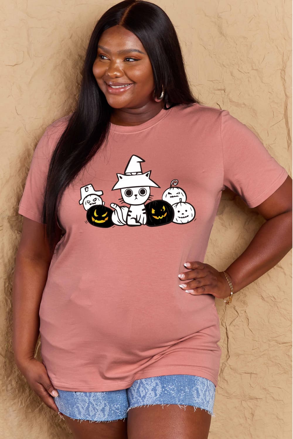 Simply Love Full Size Cat & Pumpkin Graphic Cotton T-Shirt Trendsi