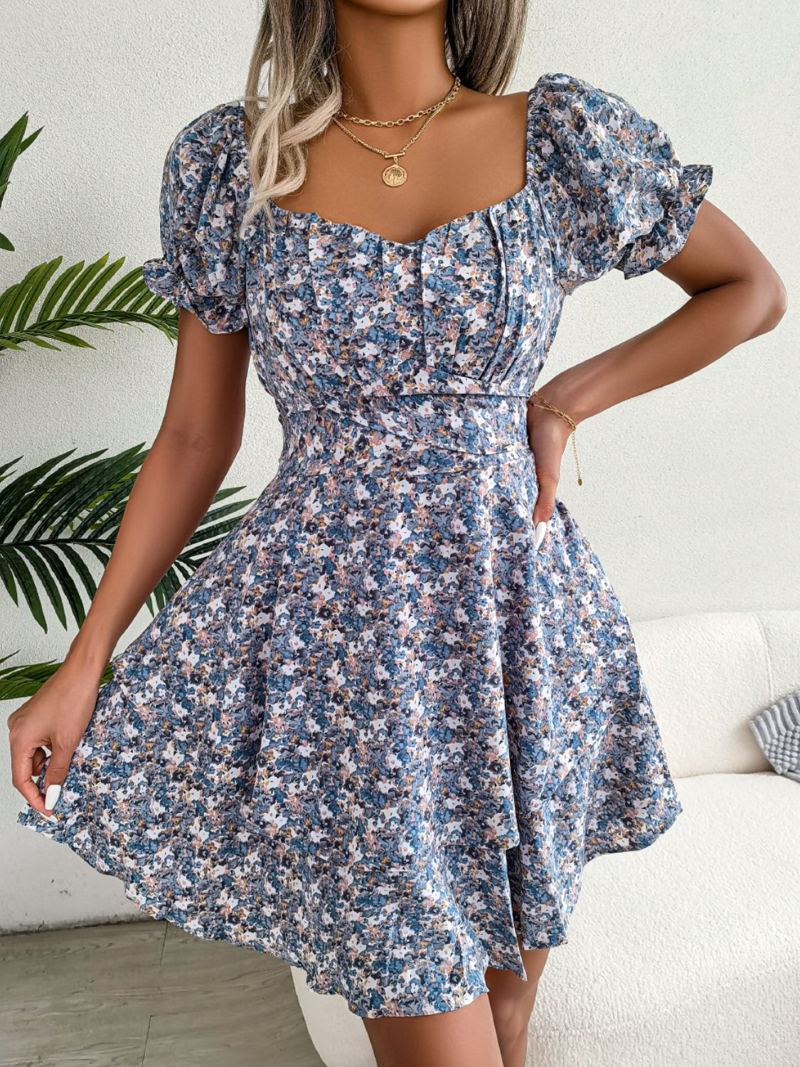 Floral Sweetheart Neck Flounce Sleeve Mini Dress Trendsi