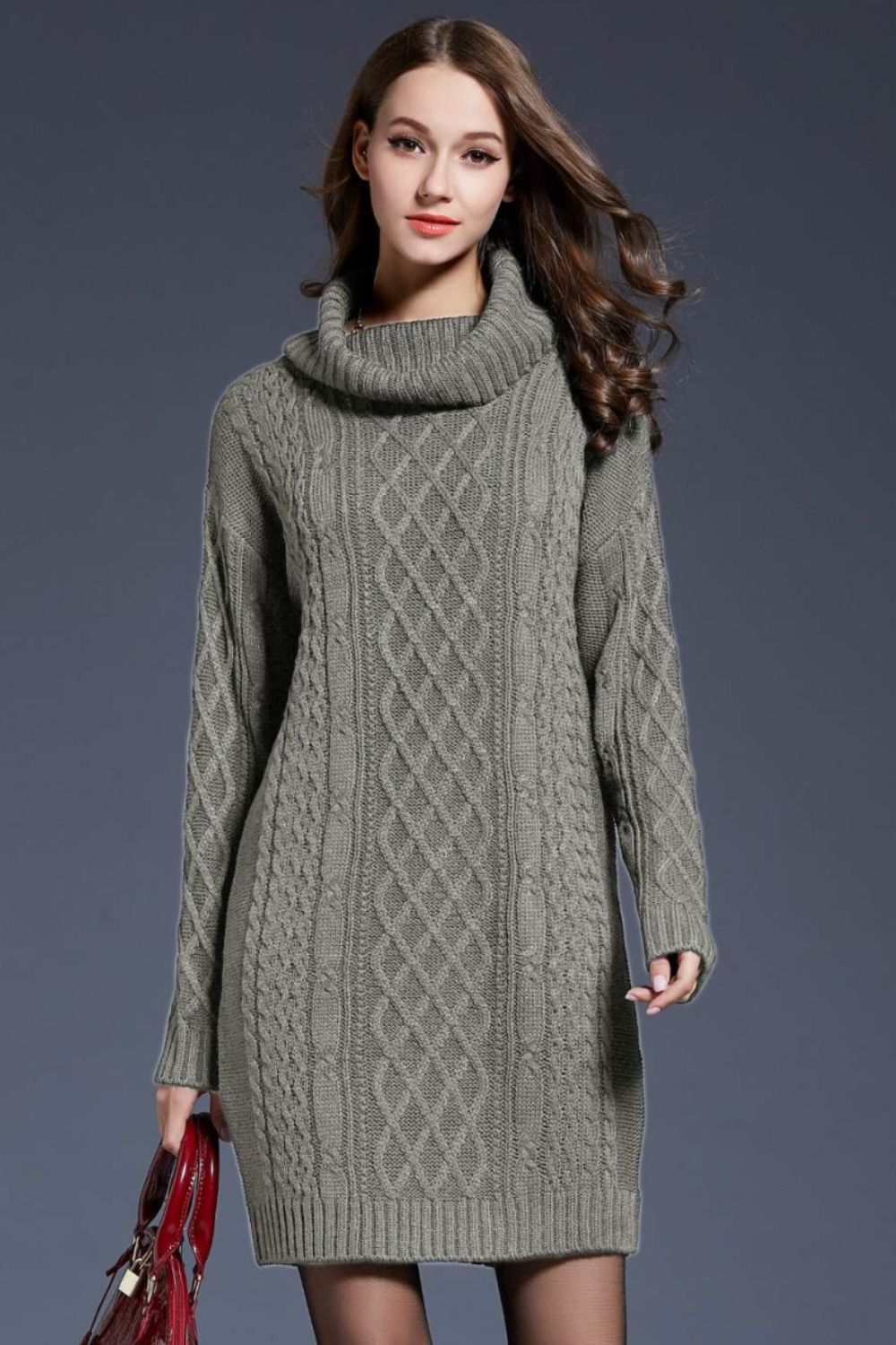 Woven Right Full Size Mixed Knit Cowl Neck Dropped Shoulder Sweater Dress Trendsi