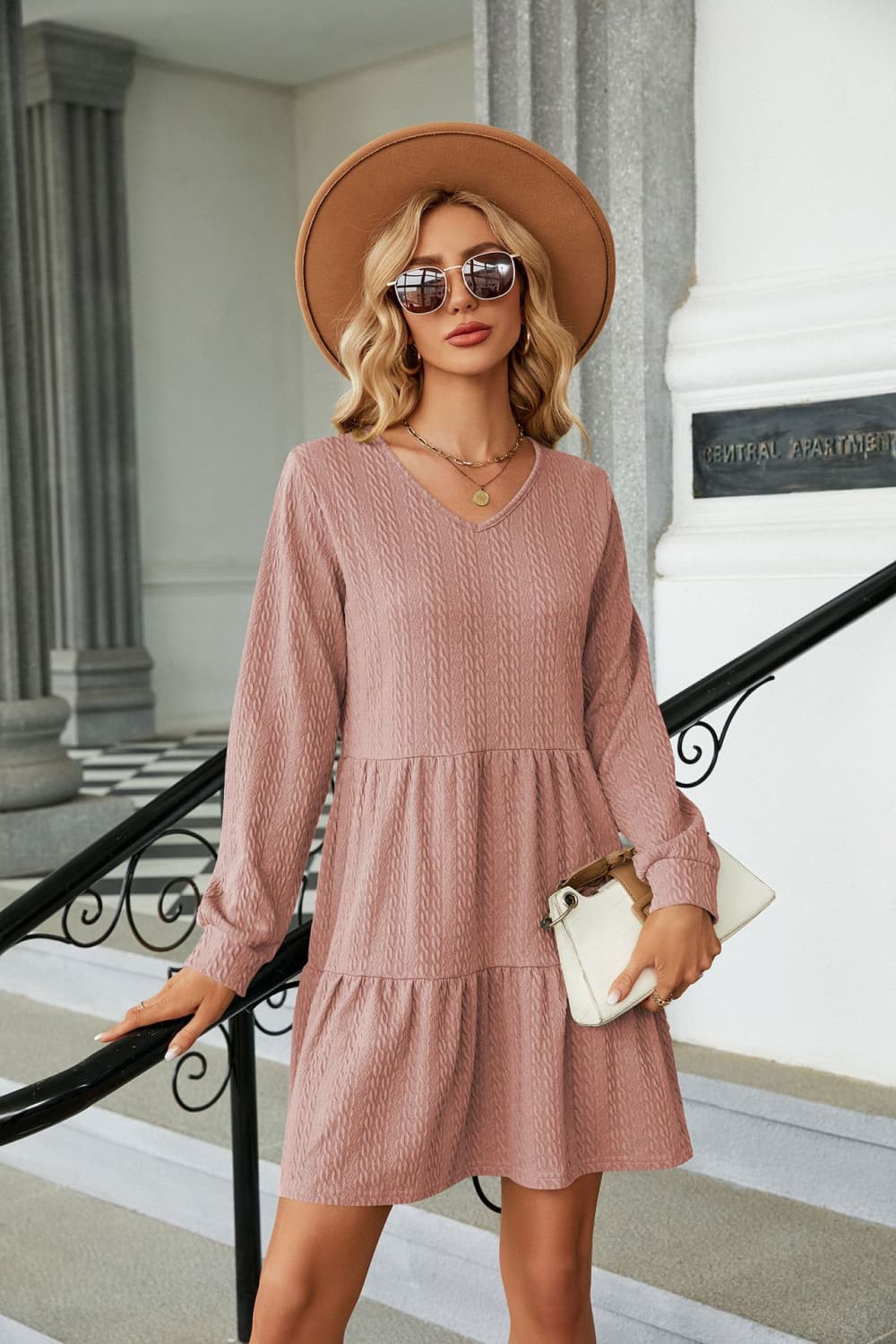 V-Neck Long Sleeve Mini Dress Trendsi