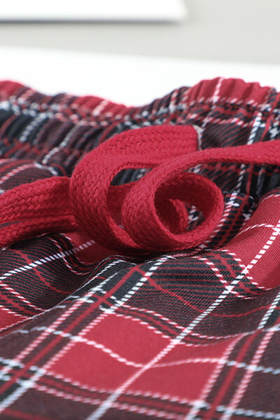 Round Neck Top and Drawstring Plaid Pants Lounge Set Trendsi