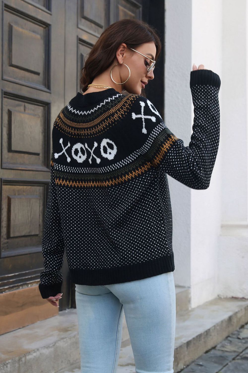 Ghost Pattern Round Neck Long Sleeve Sweater Trendsi