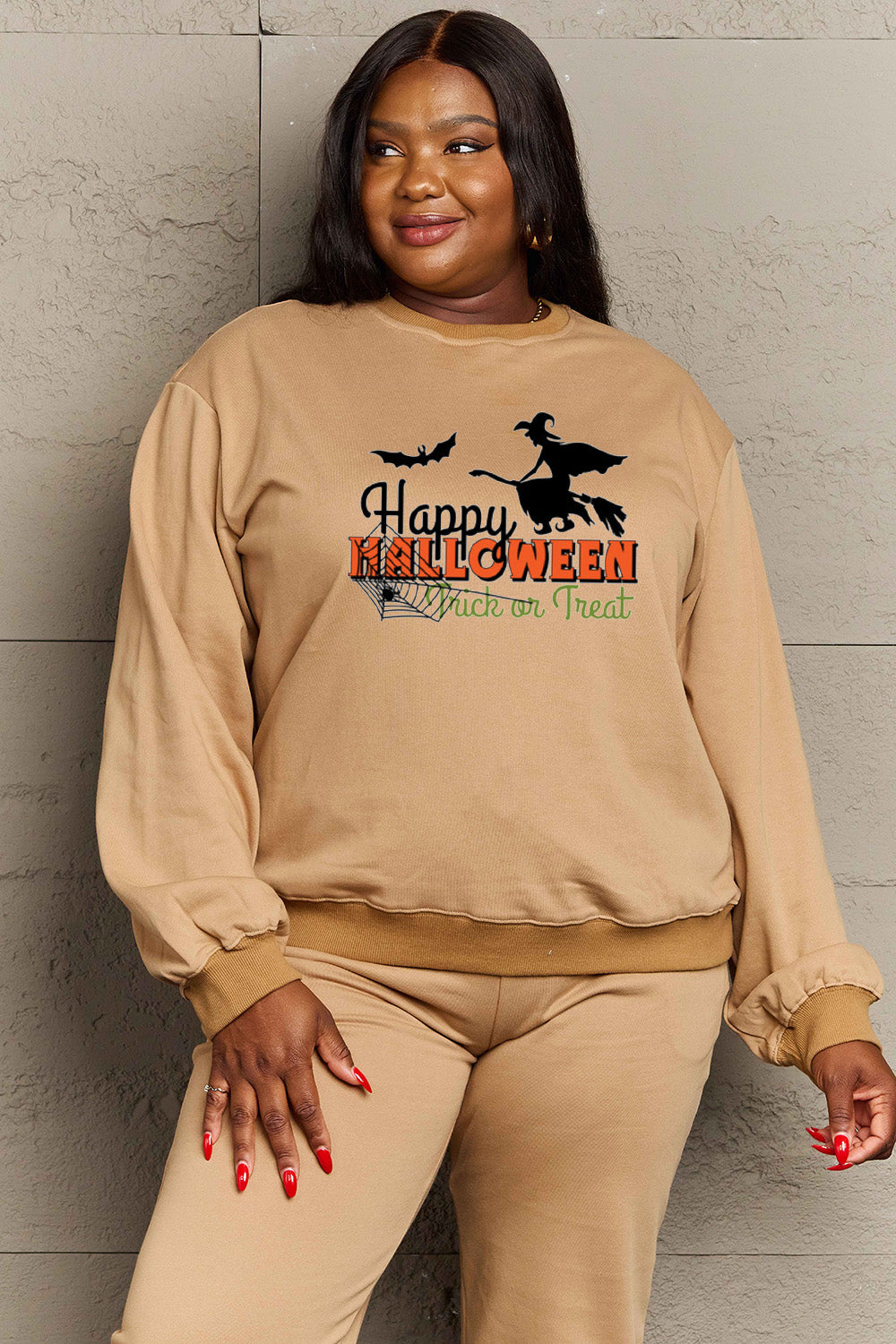 Simply Love Full Size HAPPY HALLOWEEN TRICK OR TREAT Graphic Sweatshirt Trendsi