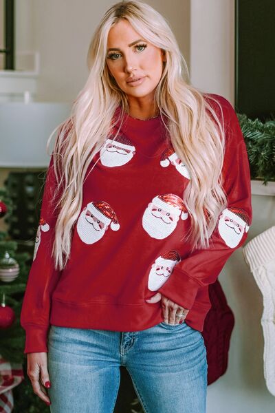 Sequin Santa Patch Round Neck Sweatshirt Trendsi