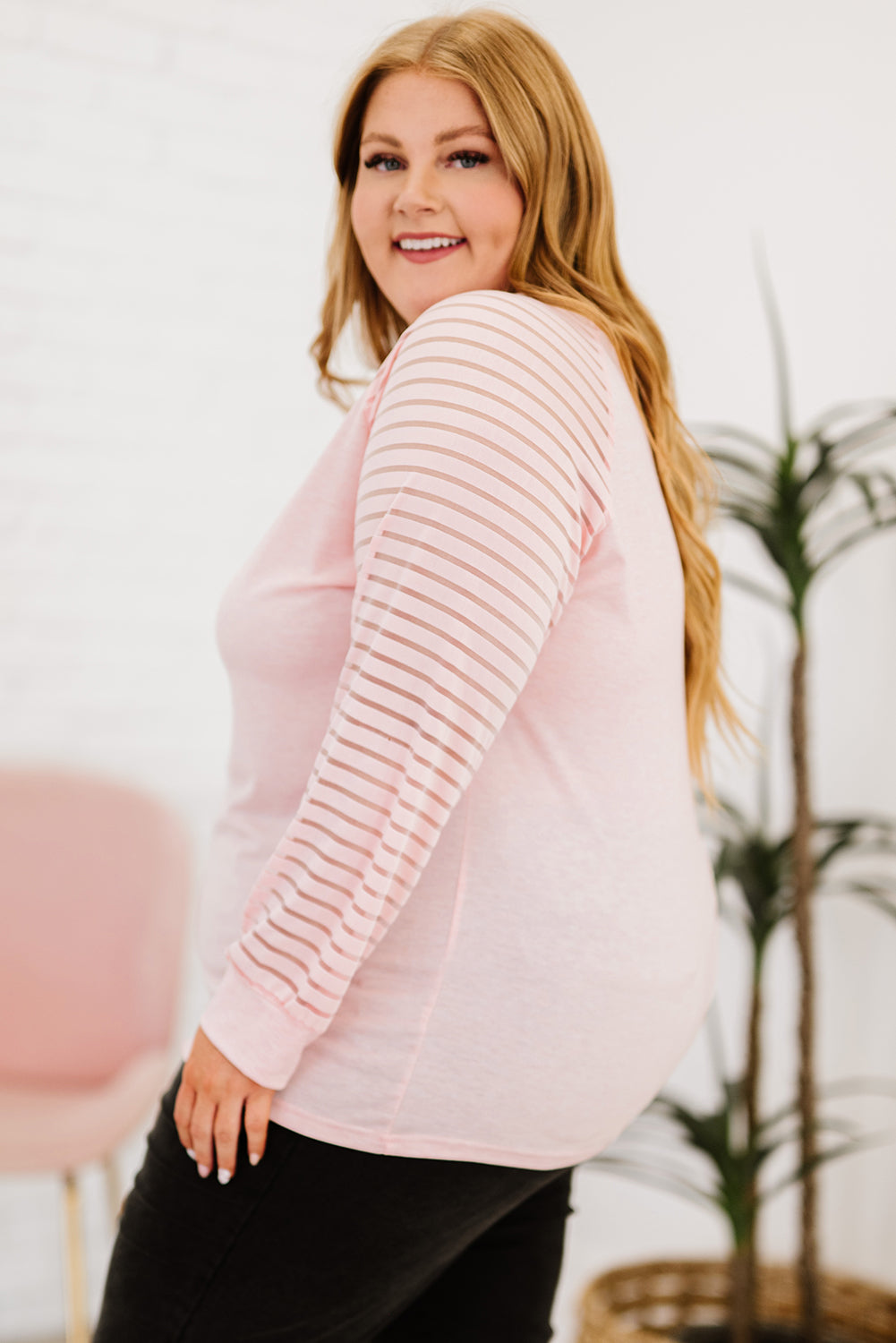 Plus Size Sheer Striped Sleeve V-Neck Top Trendsi