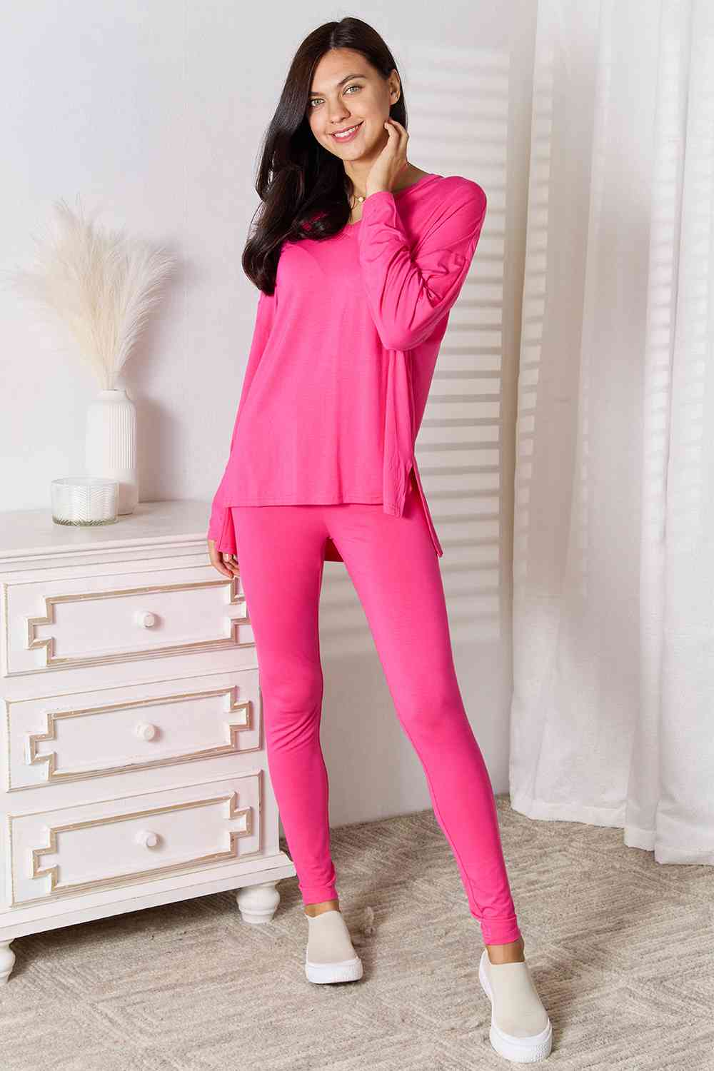 Basic Bae Full Size V-Neck Soft Rayon Long Sleeve Top and Pants Lounge Set Trendsi