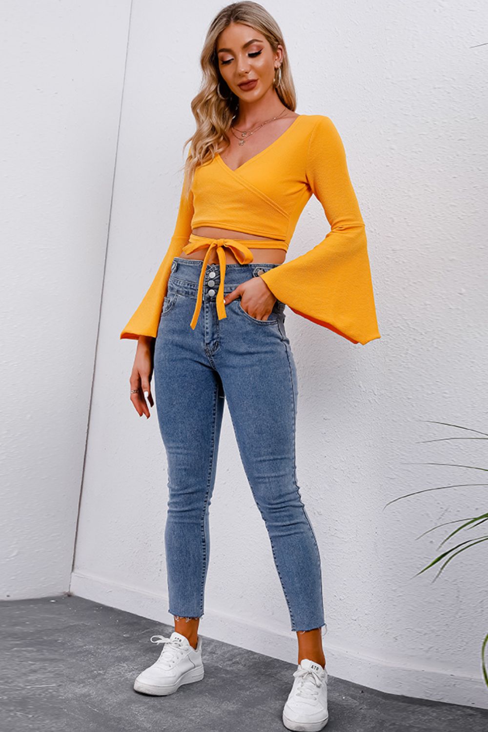 Tie Front Flare Sleeve Cropped Top Trendsi