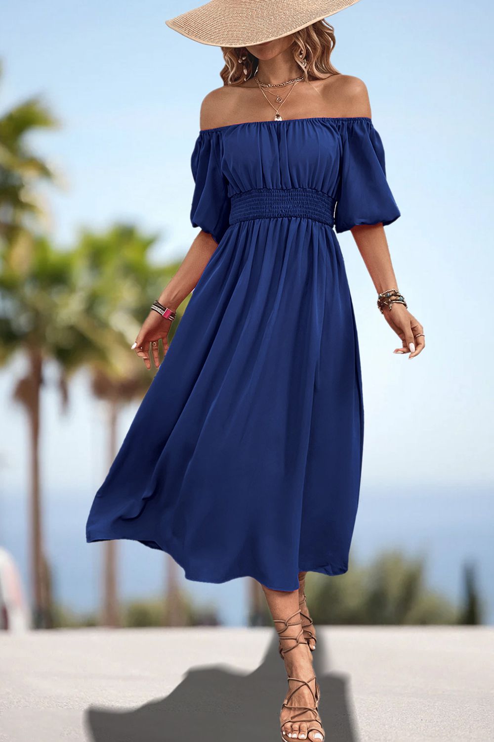 Square Neck Smocked Waist Puff Sleeve Midi Dress Trendsi