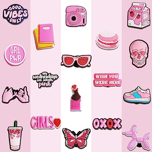 IOKUKI 35 PCS Pink Croc Charms for Girls Women, Aesthetic Shoe Decoration Charms for Crocs Clog Slides Sandals, Pink Party Favors IOKUKI