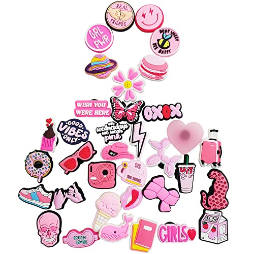IOKUKI 35 PCS Pink Croc Charms for Girls Women, Aesthetic Shoe Decoration Charms for Crocs Clog Slides Sandals, Pink Party Favors IOKUKI