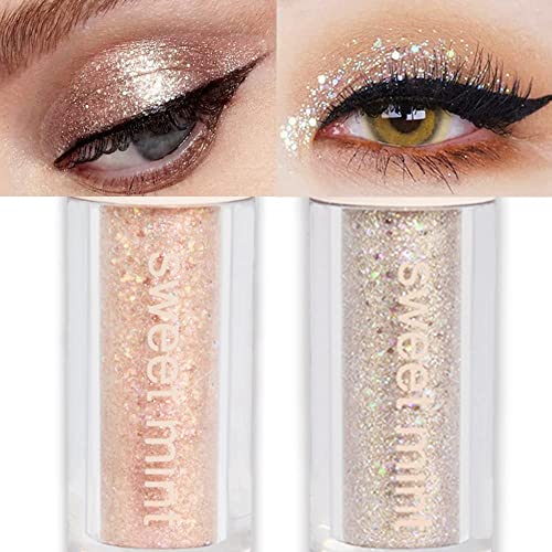 2Pcs Waterproof Crystal Liquid Glitter Eye Shadow Sticks.Quick-Drying Liquid Sparkling Silver Golden Eyeshadow Eyeliner Eyelid.Liquid Highlight Shimmer Eye Makeup Sparkly for Eyes,sombra de para ojos SUAKE