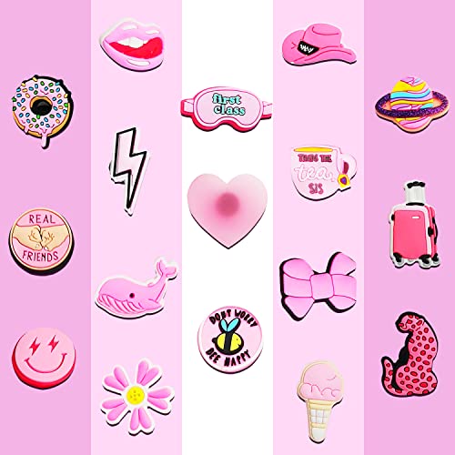 IOKUKI 35 PCS Pink Croc Charms for Girls Women, Aesthetic Shoe Decoration Charms for Crocs Clog Slides Sandals, Pink Party Favors IOKUKI