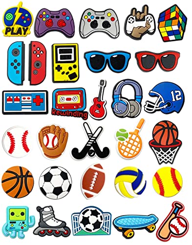 Canberly 30 PCS Shoe Charms Fits for Boys, Sports, Basketball, Football, Baseball, Soccer, Sneaker, Video Game Clogs Charms for Teens and Kids Canberly