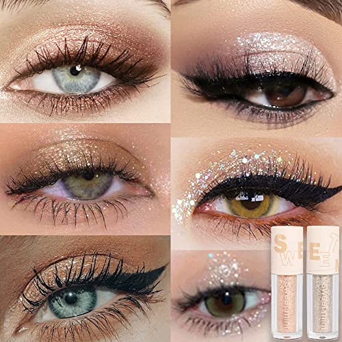 2Pcs Waterproof Crystal Liquid Glitter Eye Shadow Sticks.Quick-Drying Liquid Sparkling Silver Golden Eyeshadow Eyeliner Eyelid.Liquid Highlight Shimmer Eye Makeup Sparkly for Eyes,sombra de para ojos SUAKE