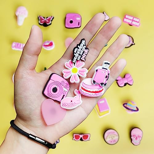 IOKUKI 35 PCS Pink Croc Charms for Girls Women, Aesthetic Shoe Decoration Charms for Crocs Clog Slides Sandals, Pink Party Favors IOKUKI