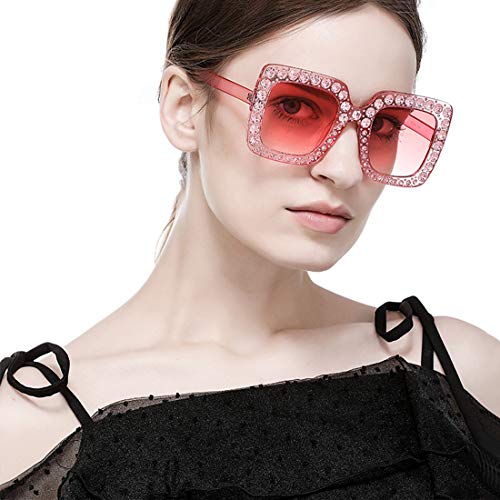 MEETSUN Sunglasses For Women Oversized Square Luxury Crystal Frame Designer Fashion Glasses (Pink-Gradient, 67) MEETSUN