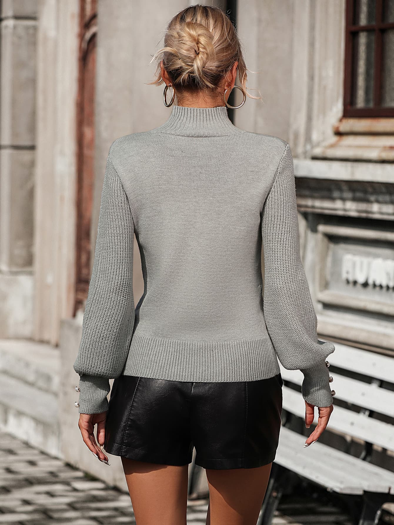 Mock Neck Ribbed Lantern Sleeve Pullover Sweater Trendsi