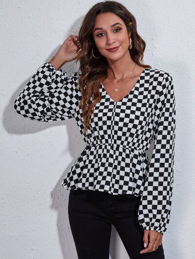 Checkered V-Neck Balloon Sleeve Peplum Blouse Trendsi