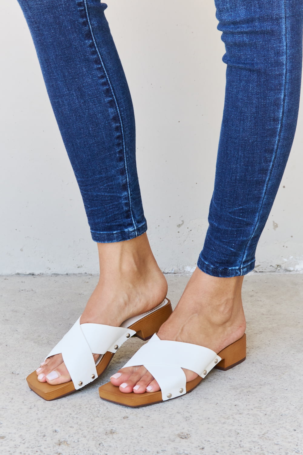 Weeboo Step Into Summer Criss Cross Wooden Clog Mule in White Trendsi