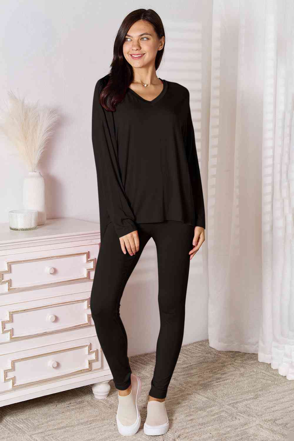 Basic Bae Full Size V-Neck Soft Rayon Long Sleeve Top and Pants Lounge Set Trendsi