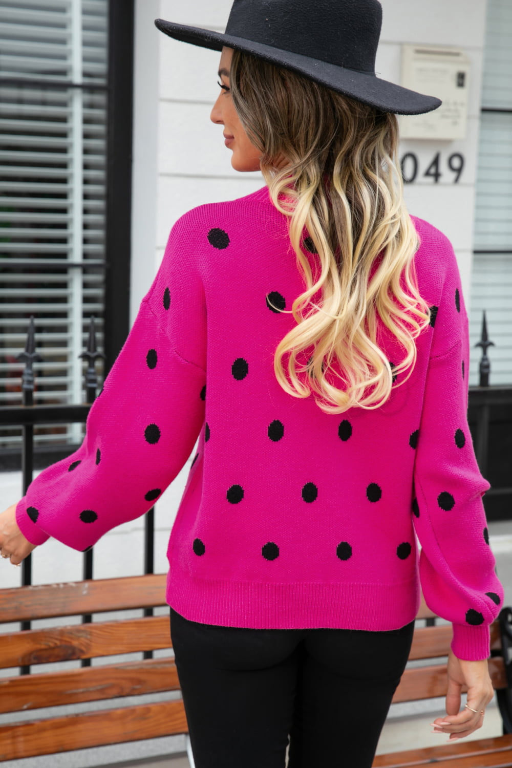 Woven Right Polka Dot Round Neck Dropped Shoulder Sweater Trendsi