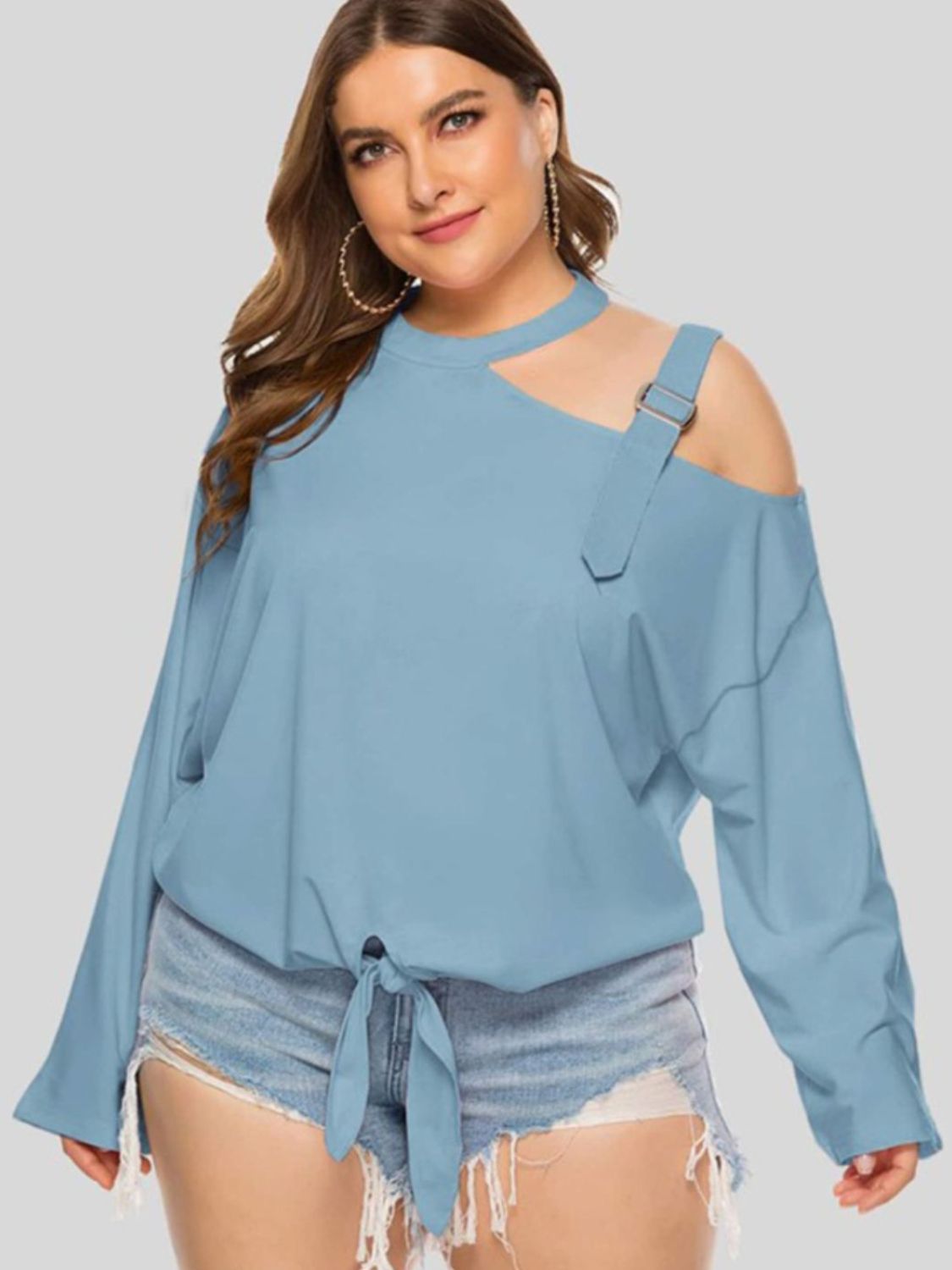 Plus Size Cold-Shoulder Tied Top Trendsi