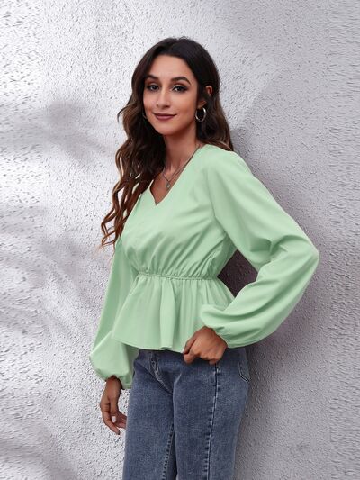 V-Neck Balloon Sleeve Peplum Blouse Trendsi