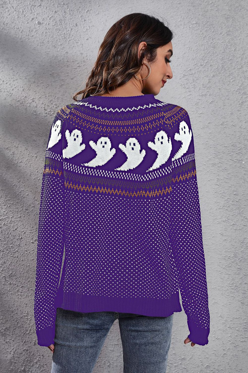 Ghost Pattern Round Neck Long Sleeve Sweater Trendsi