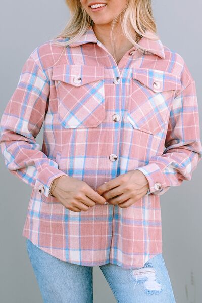 Plaid Pocketed Collared Neck Button Up Jacket Trendsi