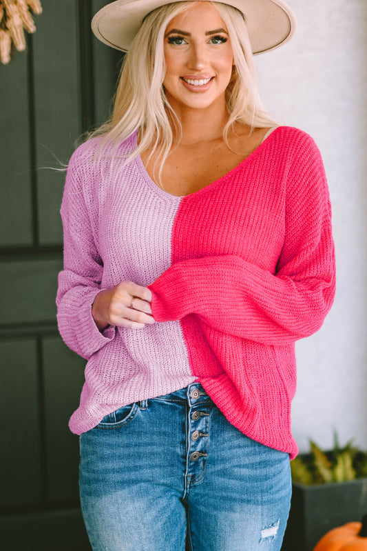 Contrast Color V-Neck Long Sleeve Pullover Sweater Trendsi