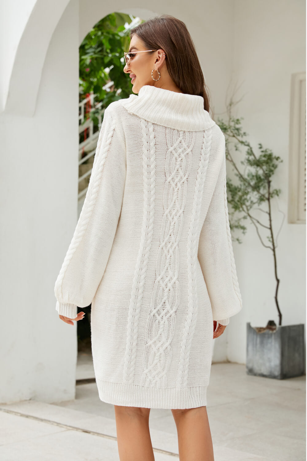 Woven Right Mixed Knit Turtleneck Lantern Sleeve Sweater Dress Trendsi