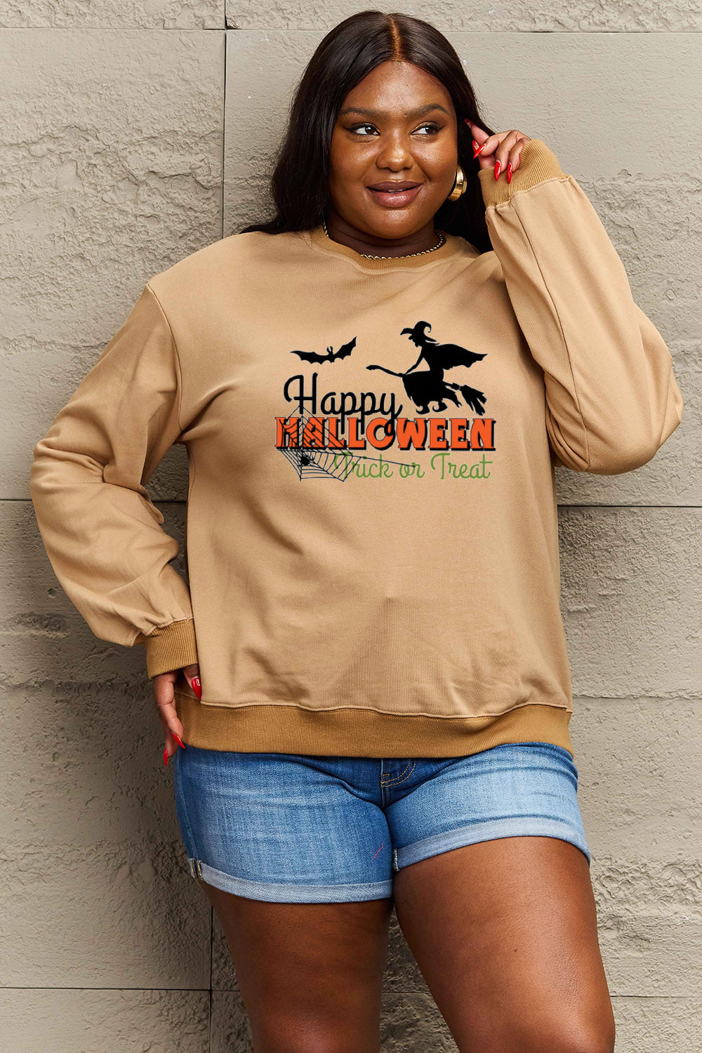 Simply Love Full Size HAPPY HALLOWEEN TRICK OR TREAT Graphic Sweatshirt Trendsi