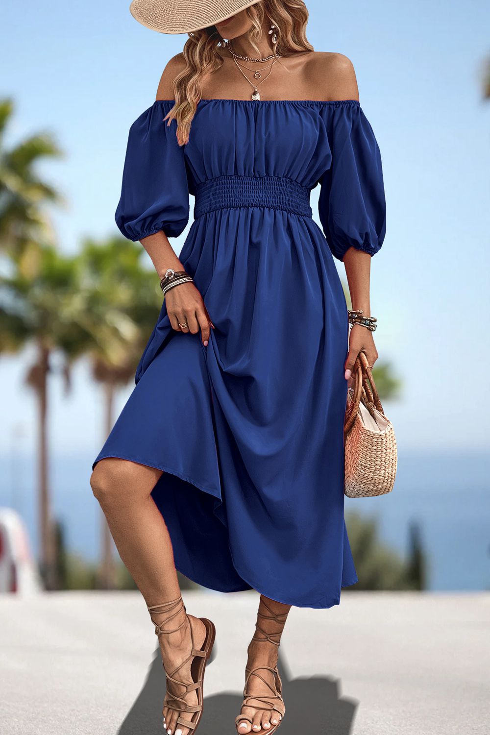 Square Neck Smocked Waist Puff Sleeve Midi Dress Trendsi