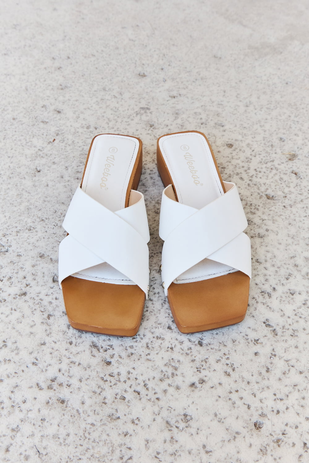 Weeboo Step Into Summer Criss Cross Wooden Clog Mule in White Trendsi