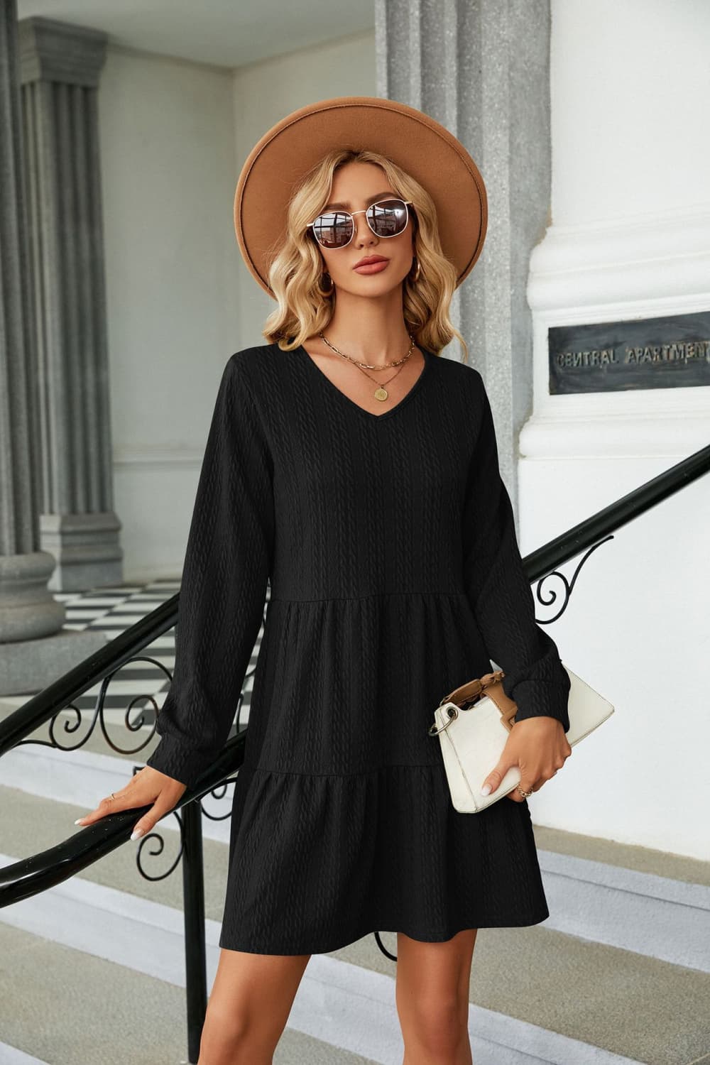 V-Neck Long Sleeve Mini Dress Trendsi