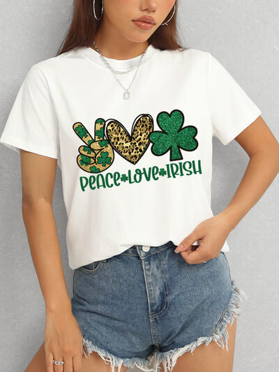 PEACE LOVE IRISH Round Neck Short Sleeve T-Shirt Trendsi