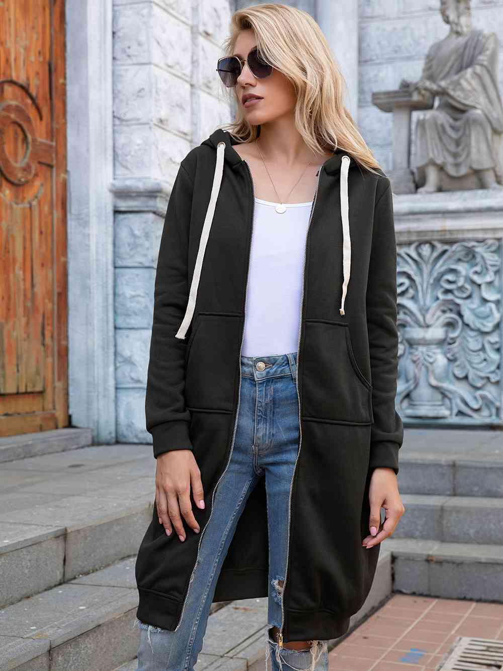 Full Size Zip-Up Longline Hoodie with Pockets Trendsi