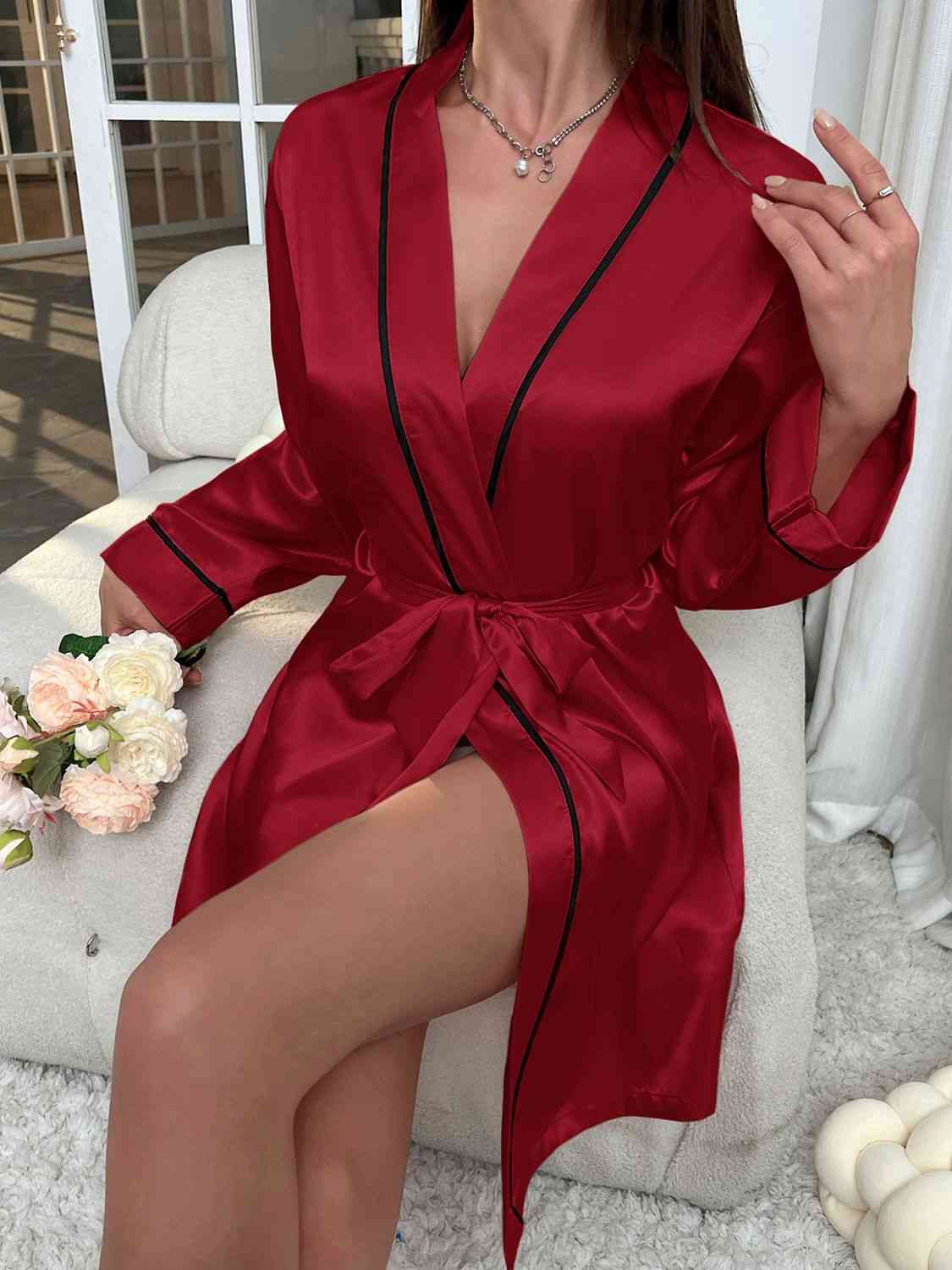 Tie Waist Surplice Neck Robe Trendsi