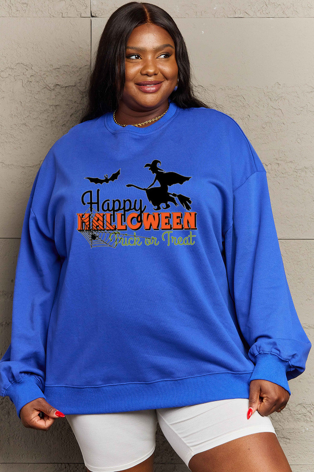 Simply Love Full Size HAPPY HALLOWEEN TRICK OR TREAT Graphic Sweatshirt Trendsi
