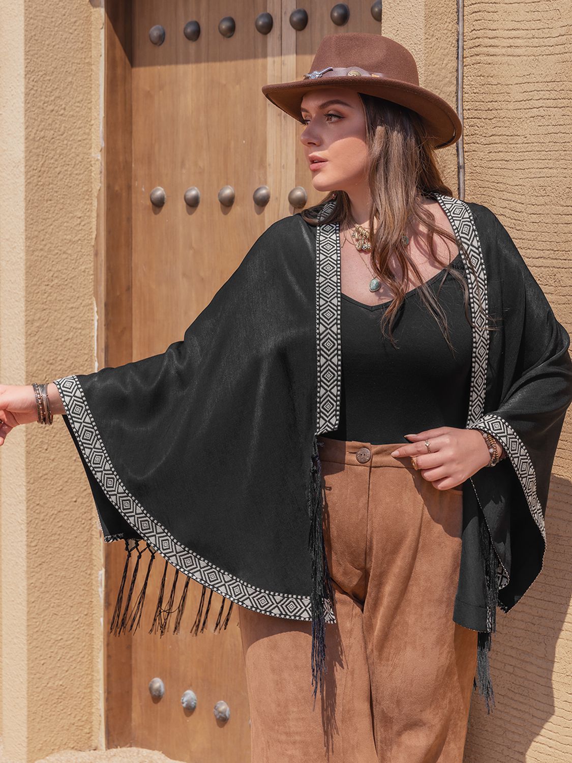 Plus Size Geometric Open Front Fringe Hem Cardigan Trendsi